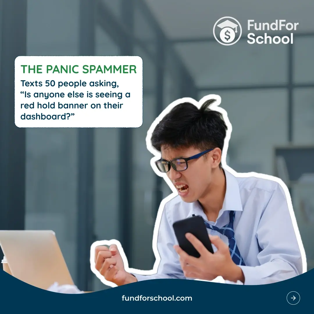 The Panic Texter: a student messaging the class group chat about the red banner
